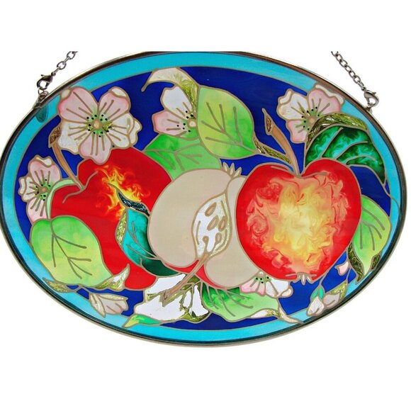 Amia Stain Glass Hanging Suncatcher Apple Floral Fruit Bright Colors Framed 7x5" - Picture 3 of 8